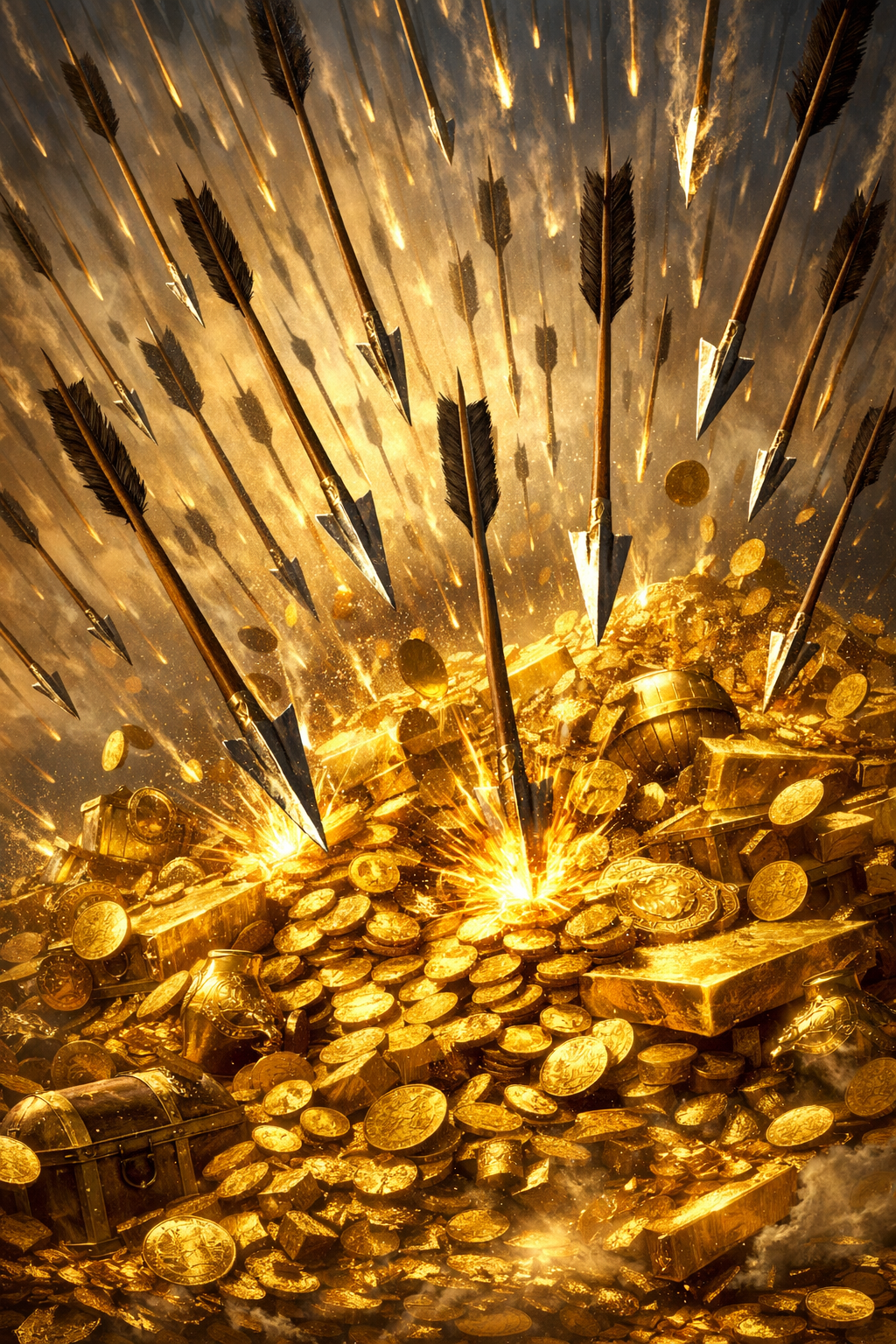The illustration depicts a dramatic fantasy scene of countless arrows raining down upon heaps of gleaming gold — coins, ingots, and ornate artifacts — with golden sparks erupting on impact. It captures that triumphant moment of arrows striking pure gold in a rich, dynamic composition - Ai generated